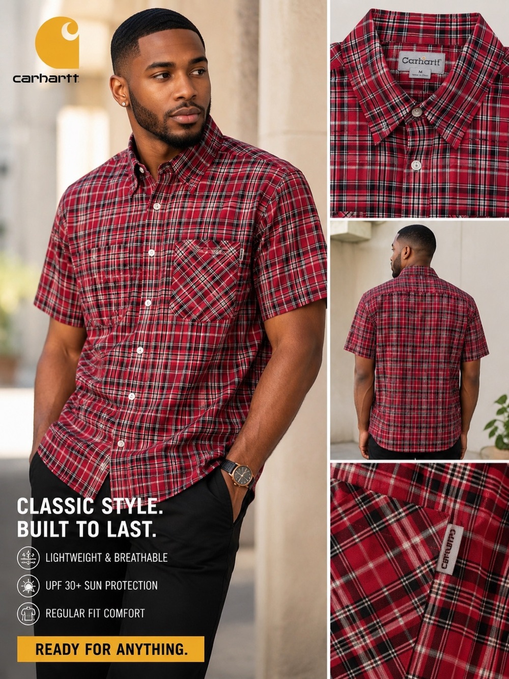 Carhartt Men’s Red Plaid Short-Sleeve Button-Down Shirt sz Med